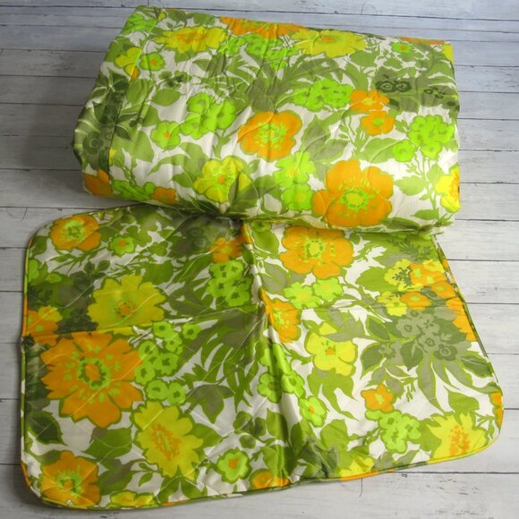 Regency Vintage MCM Full Size Quilted Bedspread Pillow Sham Set Retro Mod Floral - Picture 5 of 6